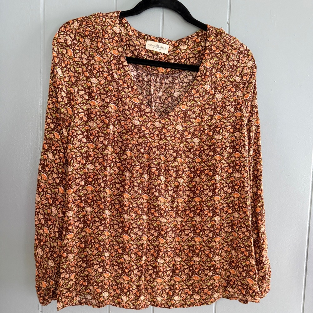 Natural Life Womens Brown Floral Ditsy Print V-Neck‎ Long Sleeve Rayon Blouse M